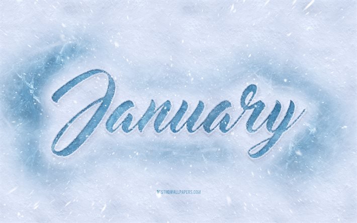 Gennaio, 4K, iscrizione sulla neve, sfondo invernale innevato, concetti di gennaio, mesi invernali, sfondo invernale, mese di gennaio
