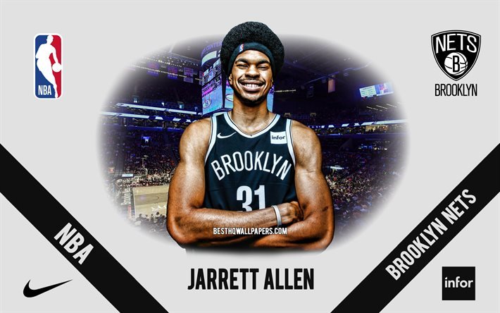 Jarrett Allen, Brooklyn Nets, giocatore di basket americano, NBA, ritratto, USA, basket, Barclays Center, logo Brooklyn Nets