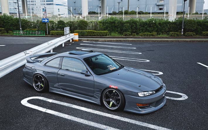 Nissan Silvia S14, JDM, harmaa urheilukuppi, tuning Silvia S14, harmaa Silvia, japanilaiset urheiluautot