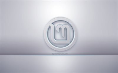 Logotipo 3D branco do Linux Mint, plano de fundo cinza, logotipo do Linux Mint, arte criativa em 3D, Linux Mint, emblema 3D