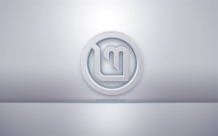 Logo bianco 3d Linux Mint, sfondo grigio, logo Linux Mint, arte 3d creativa, Linux Mint, emblema 3d