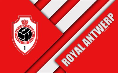 Royal Antwerp FC, 4k, Belgian football club, red abstraction, logo, material design, Antwerp, Belgium, football, Jupiler Pro League