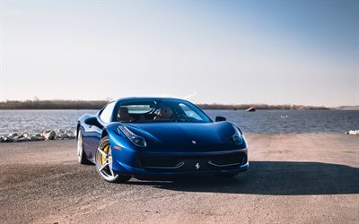 Ferrari 458 Italia, 2017, azul coup&#233; desportivo, carro de corrida, Italiana de carros esportivos, Ferrari