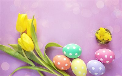 Joyeuses Pâques, tulipes jaunes, les oeufs, le printemps, fleurs de printemps, Pâques