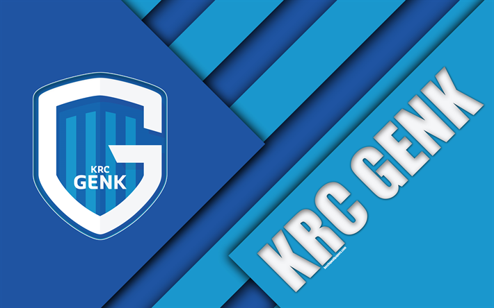 krc genk, 4k, belgische fu&#223;ball-club, blue abstraktion, logo, material, design, genk, belgien, fu&#223;ball, jupiler pro league