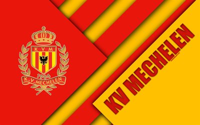 KV Mechelen FC, 4k, Belgian football club, punainen keltainen abstraktio, logo, materiaali suunnittelu, Mechelen, Belgia, jalkapallo, Jupiler Pro League