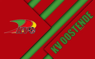 KV Oostende, 4k, Belgian football club, punainen vihre&#228; abstraktio, logo, materiaali suunnittelu, Oostende, L&#228;nsi-Flanderi, Belgia, jalkapallo, Jupiler Pro League