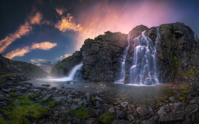 water, sunset, waterfall, mountain river, rocks, stones