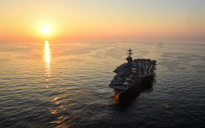 USS Theodore Roosevelt, 4k, ocean, CVN-71, aircraft carrier, sunset, US Nawy