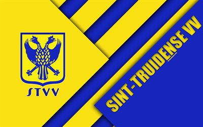 Sint-Truidense VV FC, 4k, Belgian football club, keltainen sininen abstraktio, logo, materiaali suunnittelu, Sint-Truiden, Belgia, jalkapallo, Jupiler Pro League