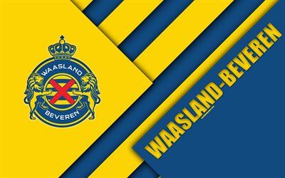 Waasland-Beveren FC, 4k, Belgian Football Club, yellow blue abstraction, logo, material design, Beveren, Belgium, football, Jupiler Pro League