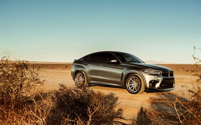 BMW X6M, 2018, F16, luxury gray SUV, tuning X6, desert, USA, BMW