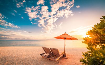 spiaggia, sabbia, tramonto, chaise longue, tropicale, isole, mare, vacanze estive concetti