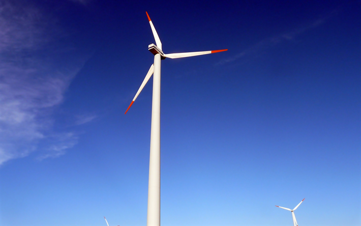 Vestas Wind Systems, tuulivoimalat, Tanska, uusiutuvan energian, sininen taivas, Vestas