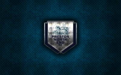 Preston North End FC, Engelska football club, bl&#229; metall textur, metall-logotyp, emblem, Preston, England, EFL Championship, kreativ konst, fotboll