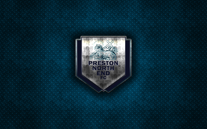 Preston North End FC, Engelska football club, bl&#229; metall textur, metall-logotyp, emblem, Preston, England, EFL Championship, kreativ konst, fotboll