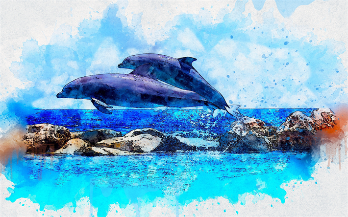 springende delfine, meer, sommer, zeichnung, kunst, delphine, artwork