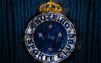 Cruzeiro FC, logo, Brezilya Seria, mavi ahşap arka plan, Brezilya Futbol Kul&#252;b&#252; yakılmış, Cruzeiro EC, grunge, futbol, Cruzeiro logo, yangın, doku, Brezilya