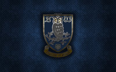 Sheffield Wednesday FC, Engelska football club, bl&#229; metall textur, metall-logotyp, emblem, Sheffield, England, EFL Championship, kreativ konst, fotboll