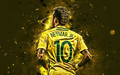 Neymar, con fondo amarillo, la selecci&#243;n de Brasil, vista posterior, Neymar JR, f&#250;tbol, f&#250;tbol de las estrellas, creativo, luces de ne&#243;n, la selecci&#243;n Brasile&#241;a de f&#250;tbol, Neymar vista posterior