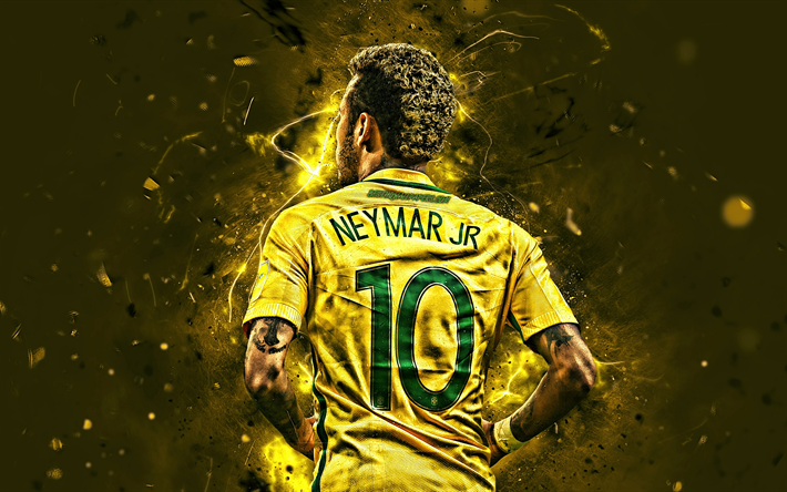 Neymar, sfondo giallo, Squadra Nazionale del Brasile, vista posteriore, Neymar JR, il calcio, il football stars, creativo, luci al neon, squadra di calcio Brasiliana, Neymar vista posteriore