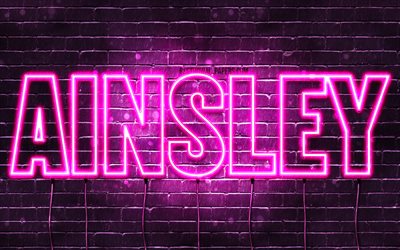 Ainsley, 4k, wallpapers with names, female names, Ainsley name, purple neon lights, horizontal text, picture with Ainsley name