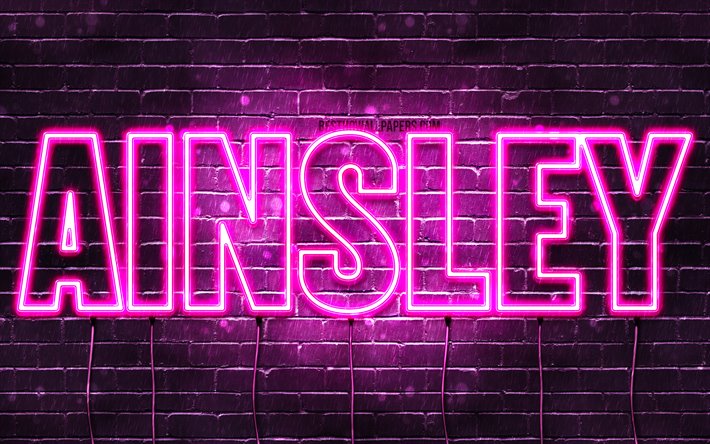 Ainsley, 4k, taustakuvia nimet, naisten nimi&#228;, Ainsley nimi, violetti neon valot, vaakasuuntainen teksti, kuva Ainsley nimi