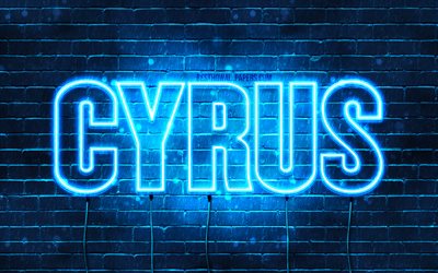 Cyrus, 4k, les papiers peints avec les noms, le texte horizontal, Cyrus nom, bleu n&#233;on, une photo avec le nom de Cyrus