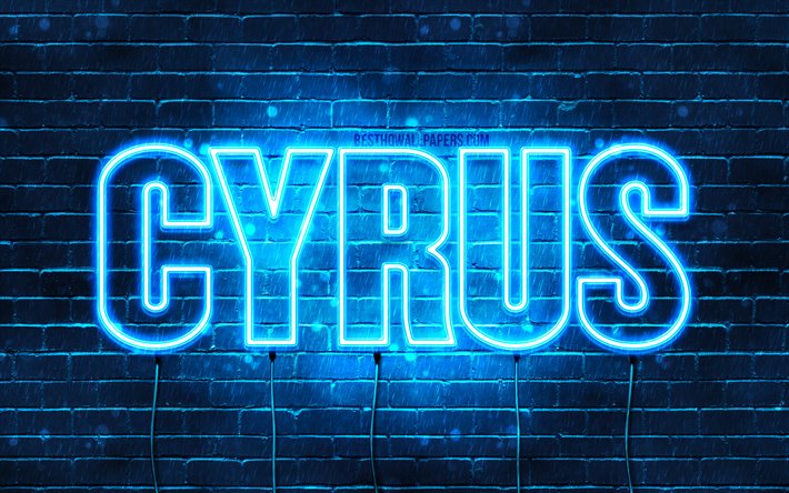 Cyrus, 4k, taustakuvia nimet, vaakasuuntainen teksti, Cyrus nimi, blue neon valot, kuva Cyrus nimi