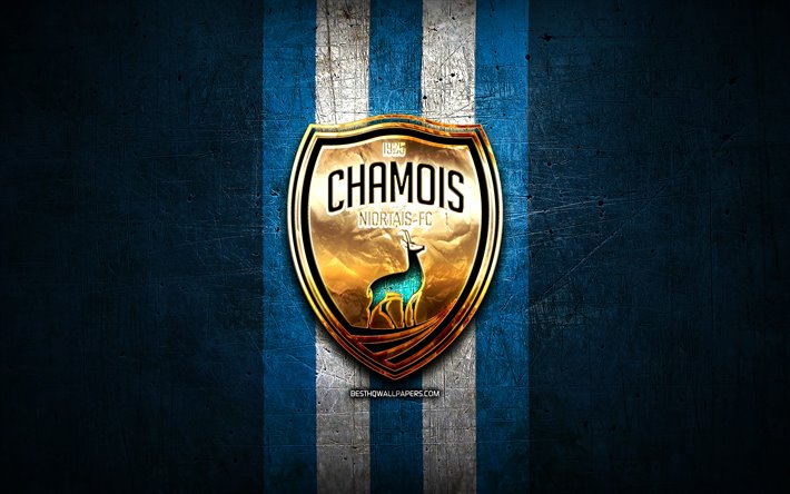 Chamois Niortais FC, golden logo, Ligue 2, blue metal background, football, FC Chamois Niortais, french football club, Chamois Niortais logo, soccer, France