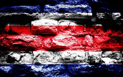 Costa Rica flag, grunge brick texture, Flag of Costa Rica, flag on brick wall, Costa Rica, Europe, flags of North America countries