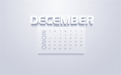 Vuoden 2020 Joulukuun Kalenteri, 3d valkoinen art, valkoinen tausta, 2020 kalenterit, Joulukuuta 2020 kalenteri, talven 2020 kalenterit, Joulukuuta