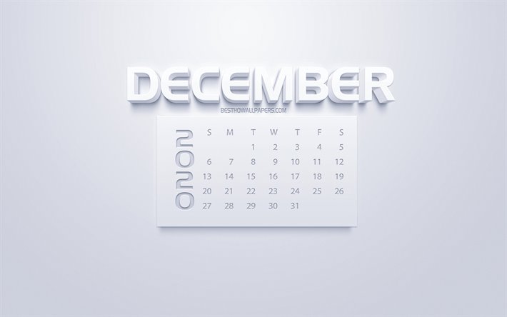 2020 dicembre Calendario, 3d, bianco, arte, sfondo bianco, 2020 calendari, dicembre 2020 calendario, inverno 2020 calendari, dicembre