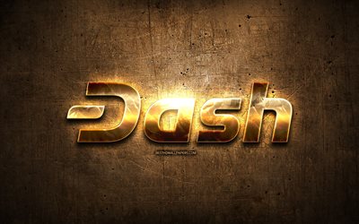 Dash golden logo, cryptocurrency, brown metal background, creative, Dash logo, cryptocurrency signs, Dash
