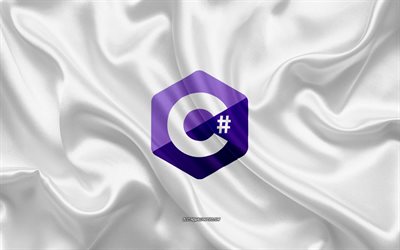 C Sharp logo, white silk texture, C Sharp emblem, programming language, C Sharp, silk background