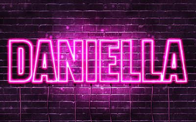 Daniella, 4k, wallpapers with names, female names, Daniella name, purple neon lights, horizontal text, picture with Daniella name