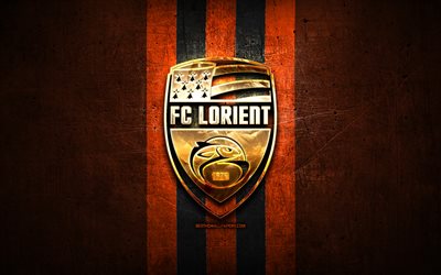 Lorient FC, golden logo, Ligue 2, orange metal background, football, FC Lorient, french football club, FC Lorient logo, soccer, France