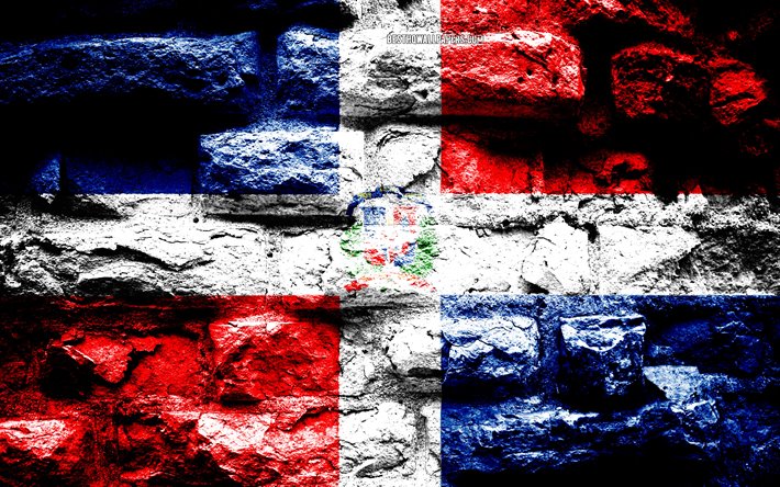 Dominikanska Republiken flaggan, grunge tegel konsistens, Flagga av Dominikanska Republiken, flaggan p&#229; v&#228;ggen, Dominikanska Republiken, Europa, flaggor i Nordamerika l&#228;nder