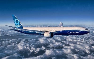 Flying Boeing 777X, 4k, airplane, blue sky, Boeing 777X, airliner, passenger planes, Boeing, 777X