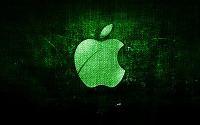 Apple green logo, green fabric background, Apple, creative, Apple denim logo, grunge art, Apple logo