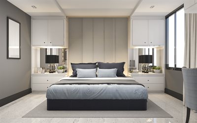 camera da letto, grigio interni in stile moderno camera da letto interior design, nero, lampade da tavolo, interni eleganti