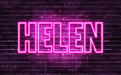 Helen, 4k, wallpapers with names, female names, Helen name, purple neon lights, horizontal text, picture with Helen name