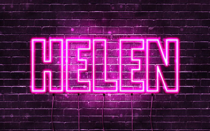 Helen, 4k, fondos de pantalla con los nombres, los nombres femeninos, Helen nombre, p&#250;rpura luces de ne&#243;n, el texto horizontal, imagen con el nombre de Helen