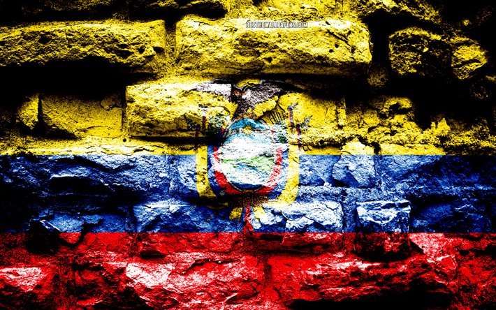 إكوادور العلم, الجرونج الطوب الملمس, العلم إكوادور, علم على جدار من الطوب, إكوادور, أوروبا, أعلام دول أمريكا الجنوبية
