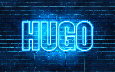 Hugo, 4k, pap&#233;is de parede com os nomes de, texto horizontal, Hugo nome, luzes de neon azuis, imagem com o nome de Hugo