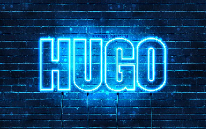 Hugo, 4k, taustakuvia nimet, vaakasuuntainen teksti, Hugo nimi, blue neon valot, kuvan Hugo nimi