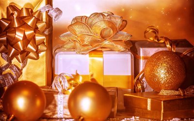 Yeni Yıl, altın Noel topları, Noel, Yeni Yıl hediyeler, hediye kutuları