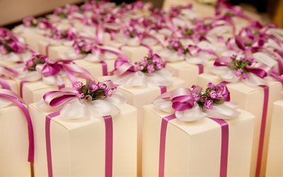 cadeaux, de mariage, boîtes à cadeaux, cadeaux pour les invités, d'un ruban rose, rose arcs