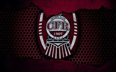 CFR Cluj, 4k, logo, Liga 1, soccer, football club, Liga I, Romania, grunge, metal texture, CFR Cluj FC