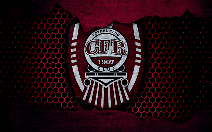 CFR Cluj, 4k, logo, Liga 1 de f&#250;tbol, club de f&#250;tbol, la Liga I Rumania, grunge, metal, textura, CFR Cluj FC